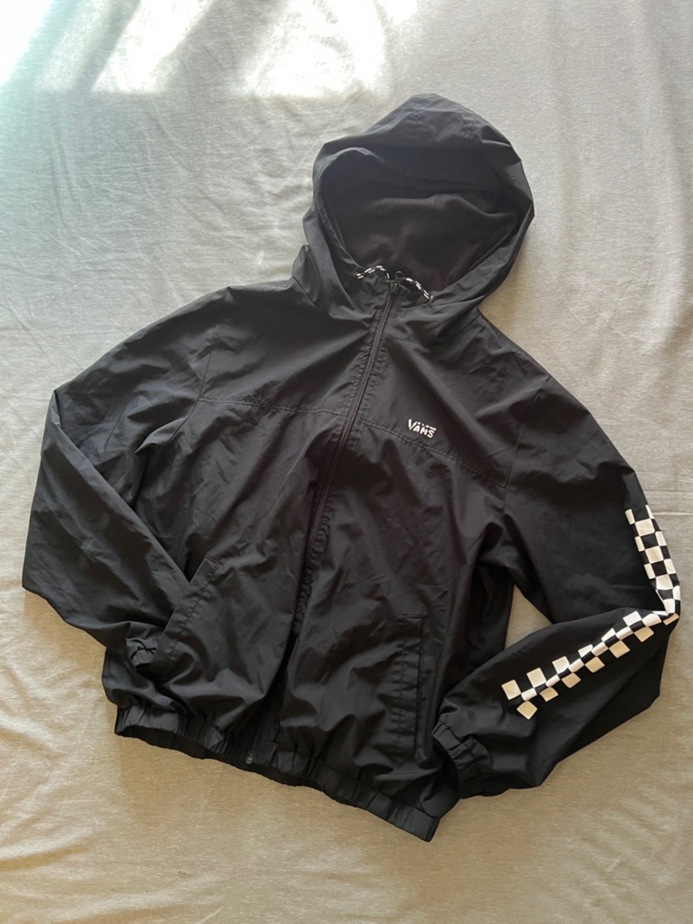Vans Black Hooded Windbreaker with White Checkerboard Sleeve